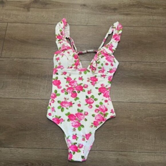 NEW Betsey Johnson Swimsuit Women’s Large‎ One-piece White Pink Floral V-neck - Picture 1 of 10